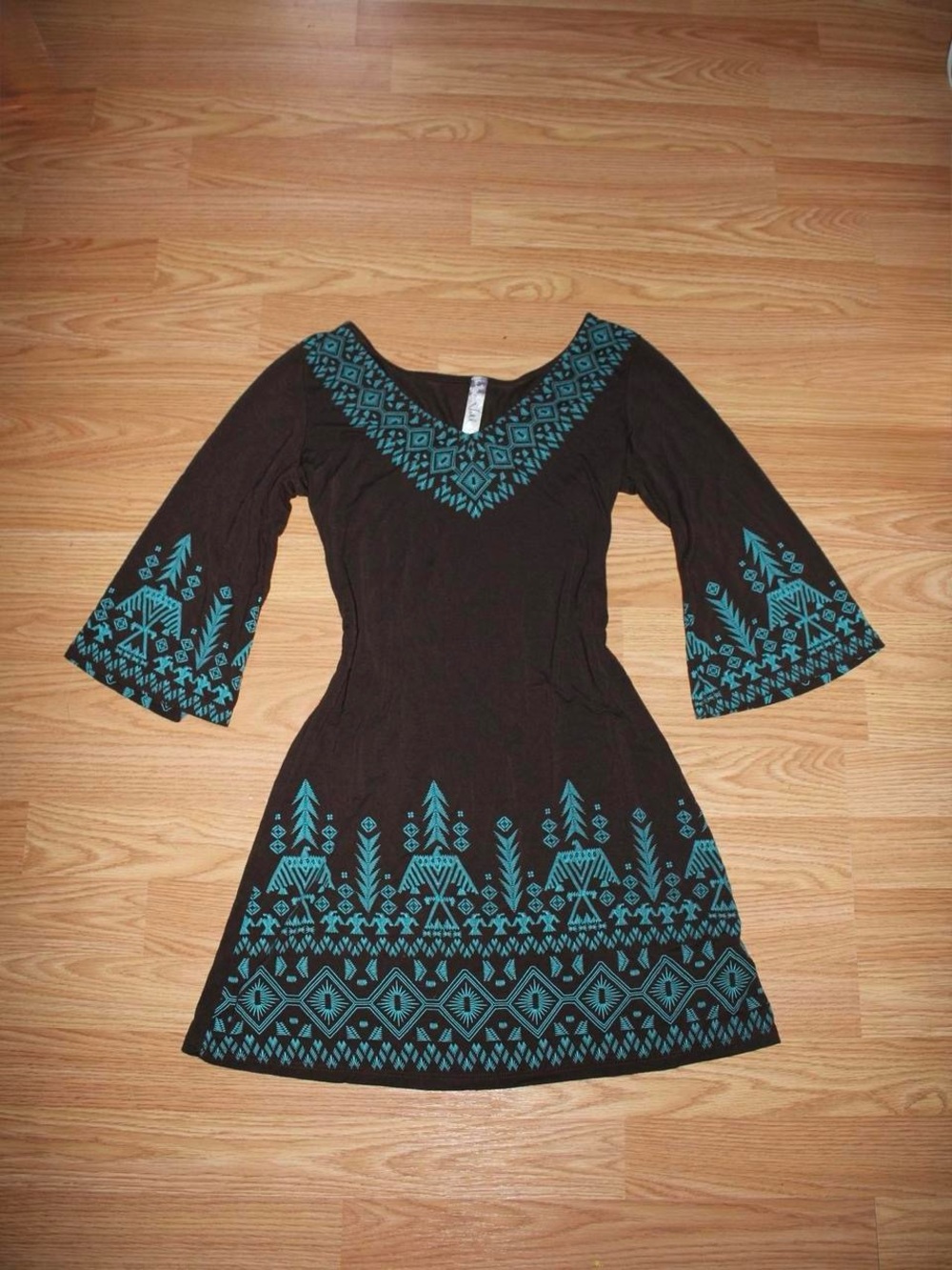 Black Dress with Teal Geometric Embroidery